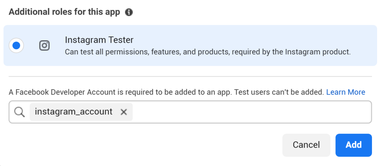 Adding account as Instagram Tester