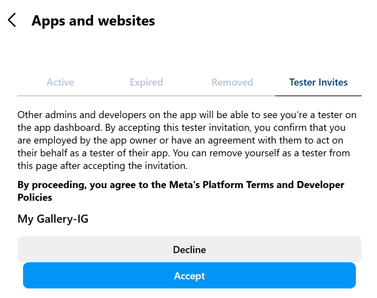 Accepting tester invite on Instagram