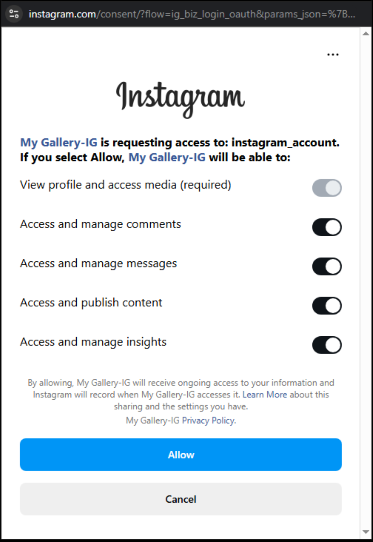 Authorization screen with Allow button