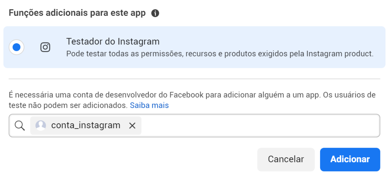 Adicionando a conta como Instagram Tester