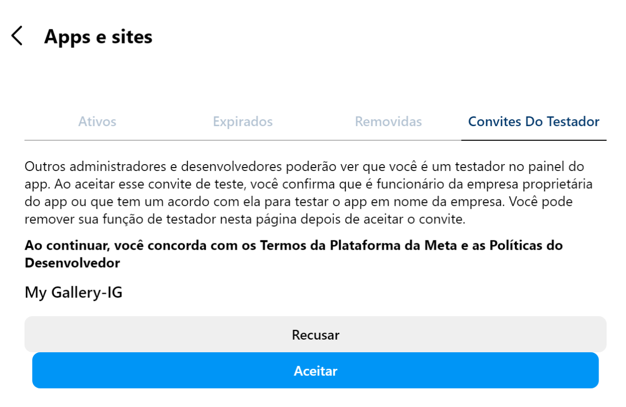Aceitando convite de testador no Instagram