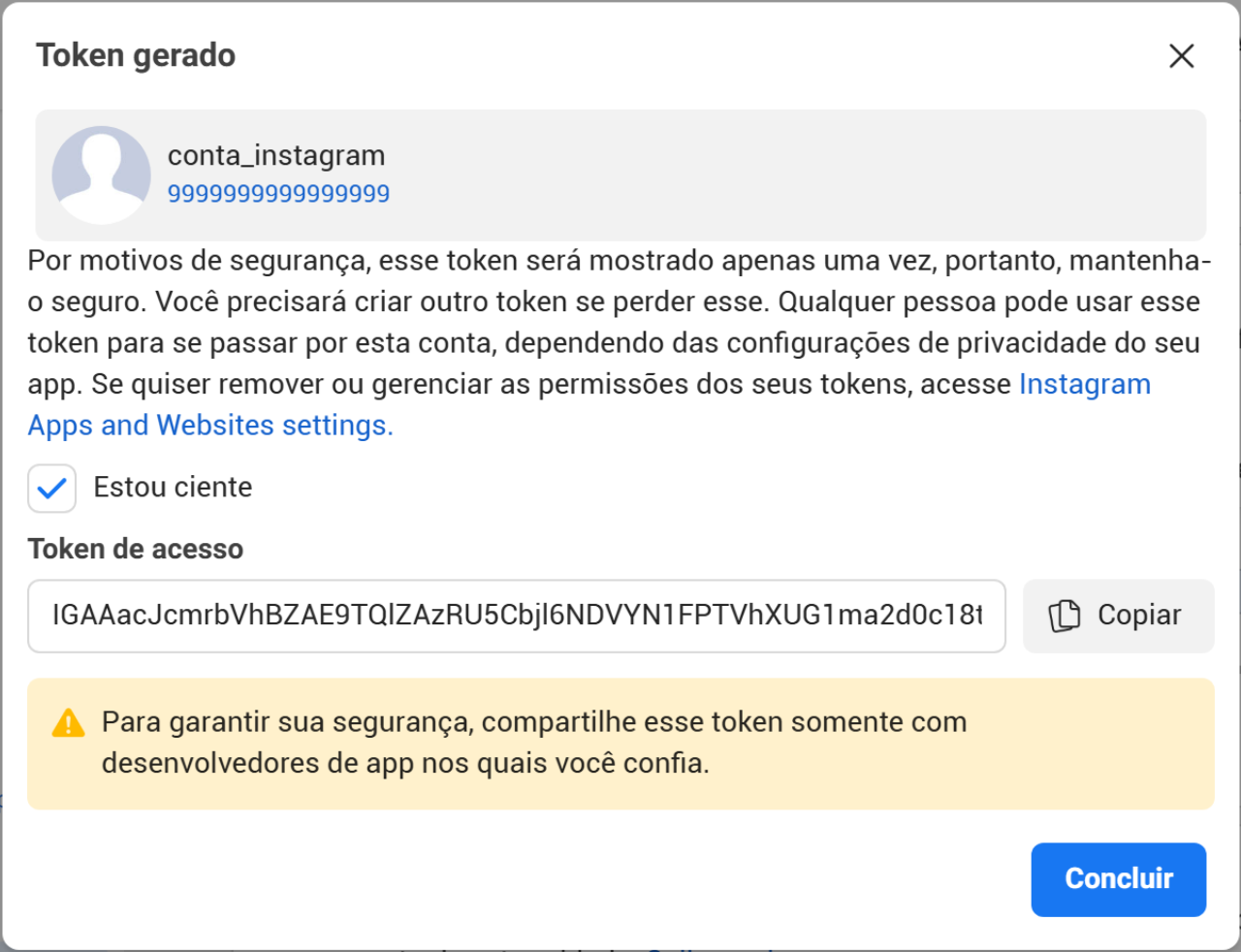 Confirmação para copiar o token