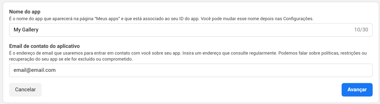 Formulário para inserir o nome do aplicativo