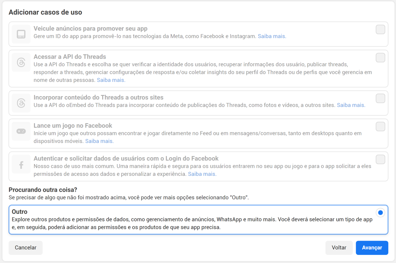Tela de seleção do caso de uso do aplicativo