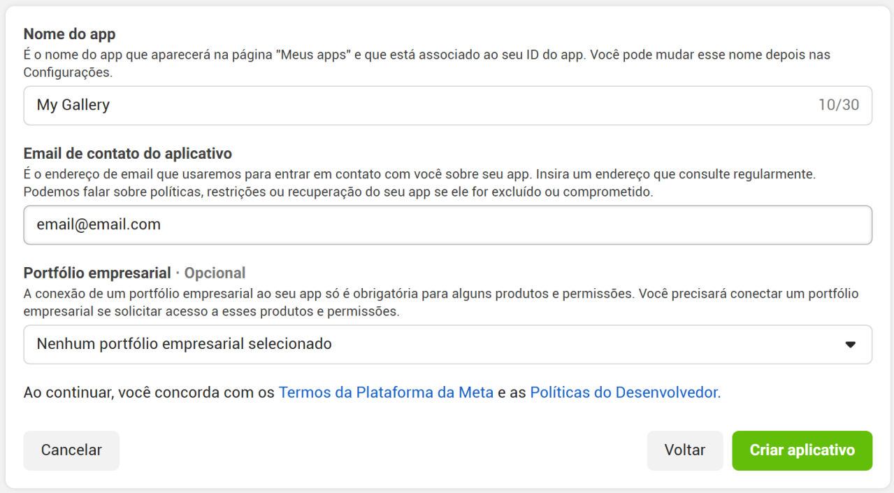 Revisão das informações do aplicativo antes de criar